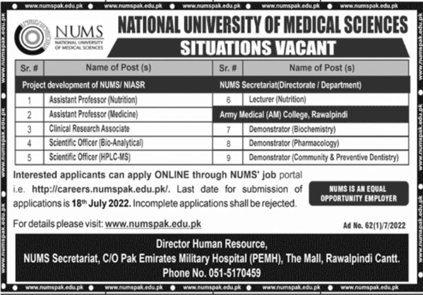 National University of Medical Sciences NUMS Jobs July 2022