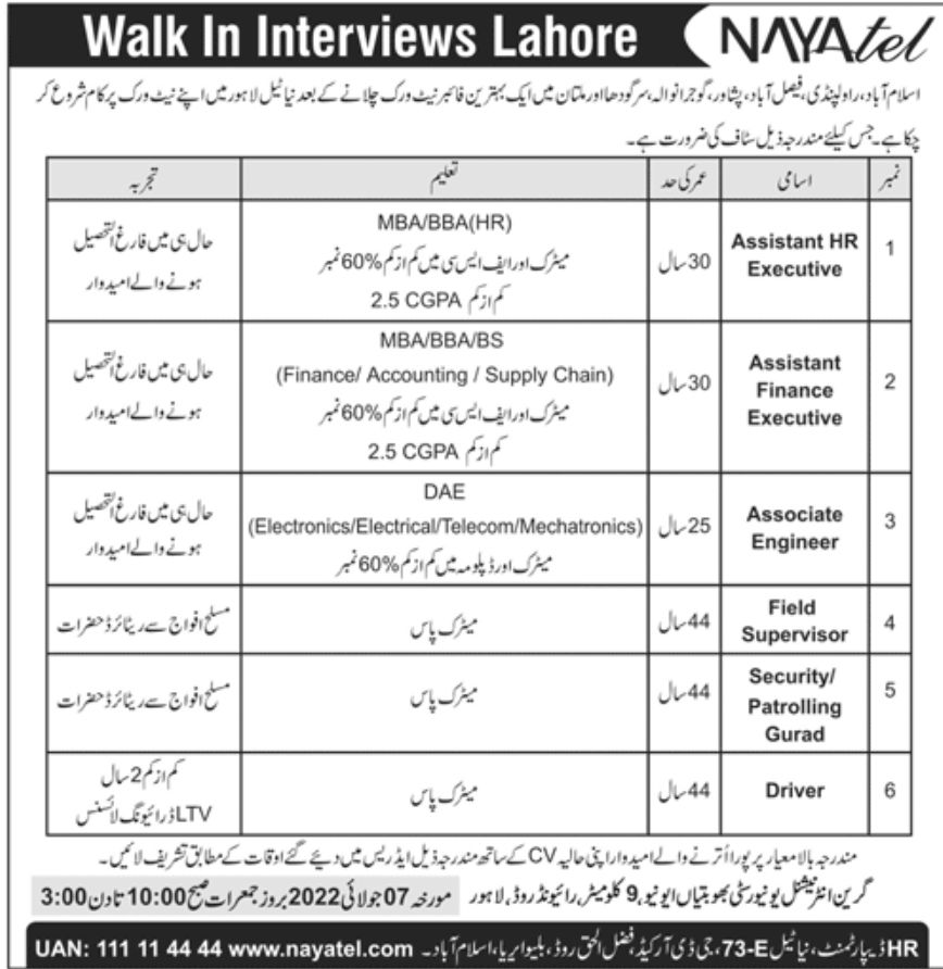Nayatel Fiber Network Jobs July 2022