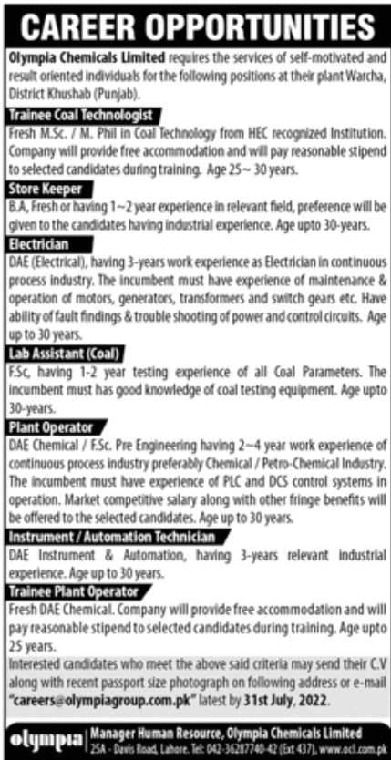 Olympia Chemicals Limited Jobs July 2022