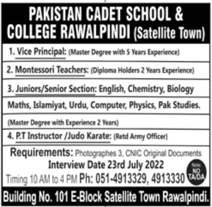 Pakistan Cadet School & College Rawalpindi Jobs July 2022