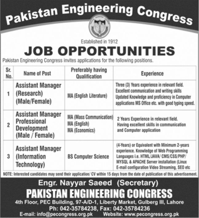 Pakistan Engineering Congress Jobs July 2022