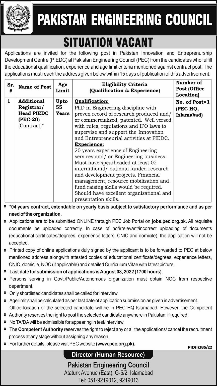 Pakistan Engineering Council PEC Jobs July 2022