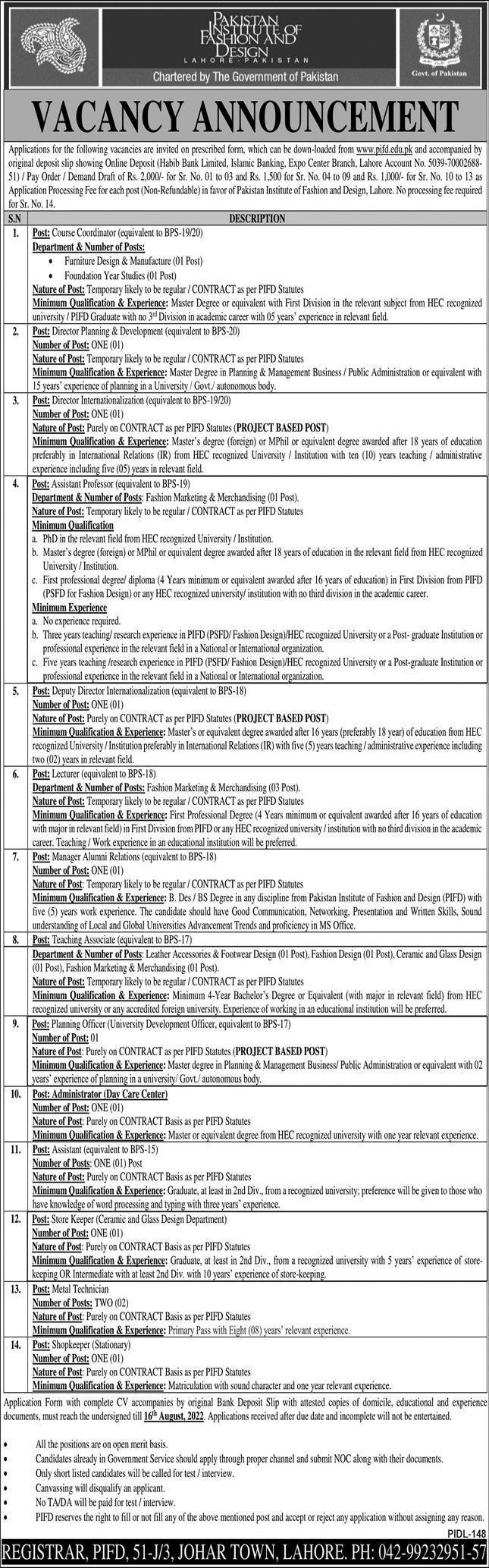 Pakistan Institute of Fashion and Design Jobs July 2022
