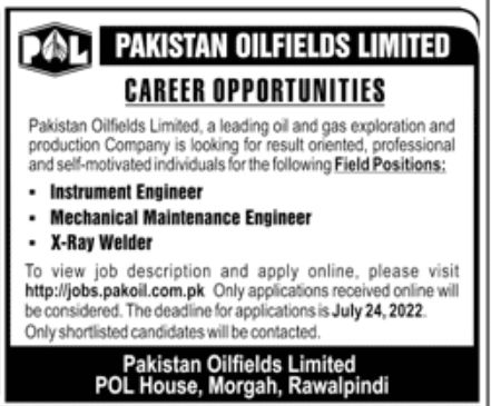 Pakistan Oilfields Limited POL Jobs July 2022