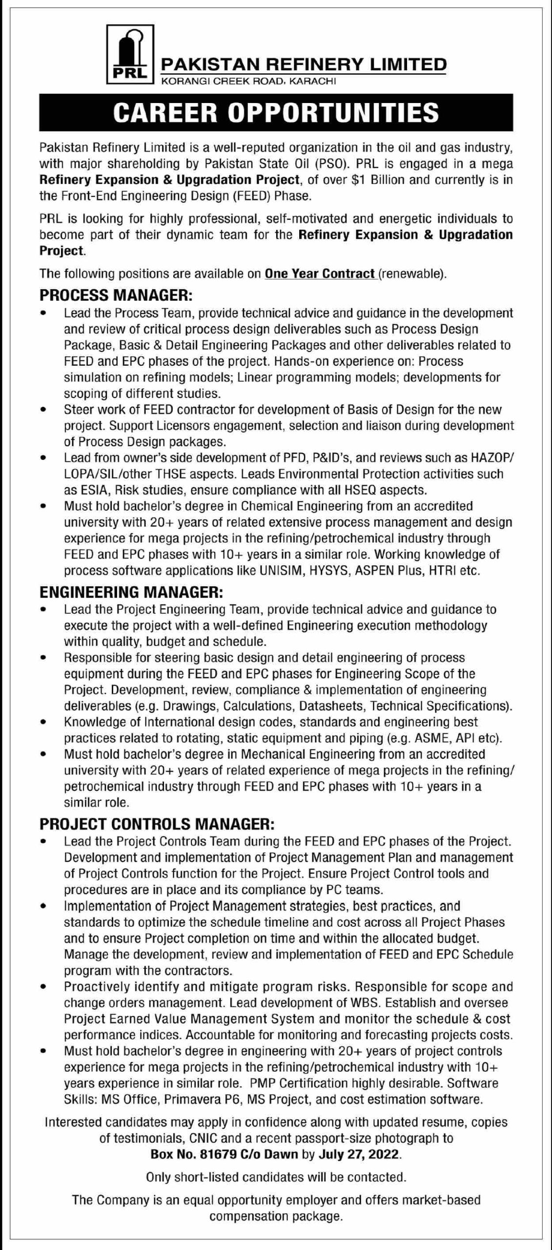 Pakistan Refinery Limited Jobs July 2022