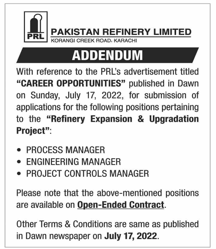Pakistan Refinery Limited PRL Jobs July 2022