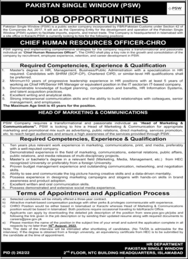 Pakistan Single Window PSW Jobs July 2022