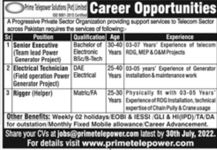 Prime Tele Power Jobs July 2022