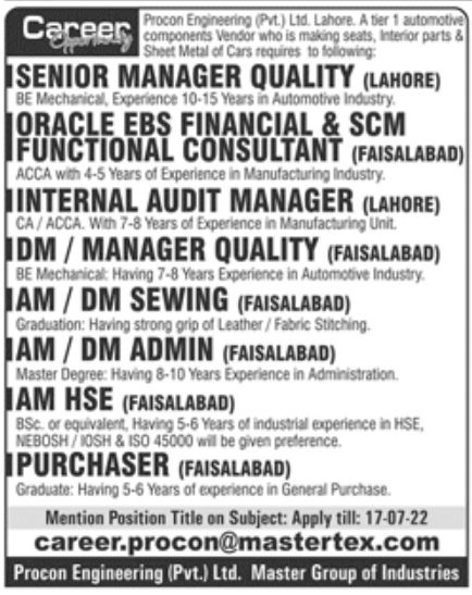 Procon Engineering Pvt Ltd Lahore Jobs July 2022