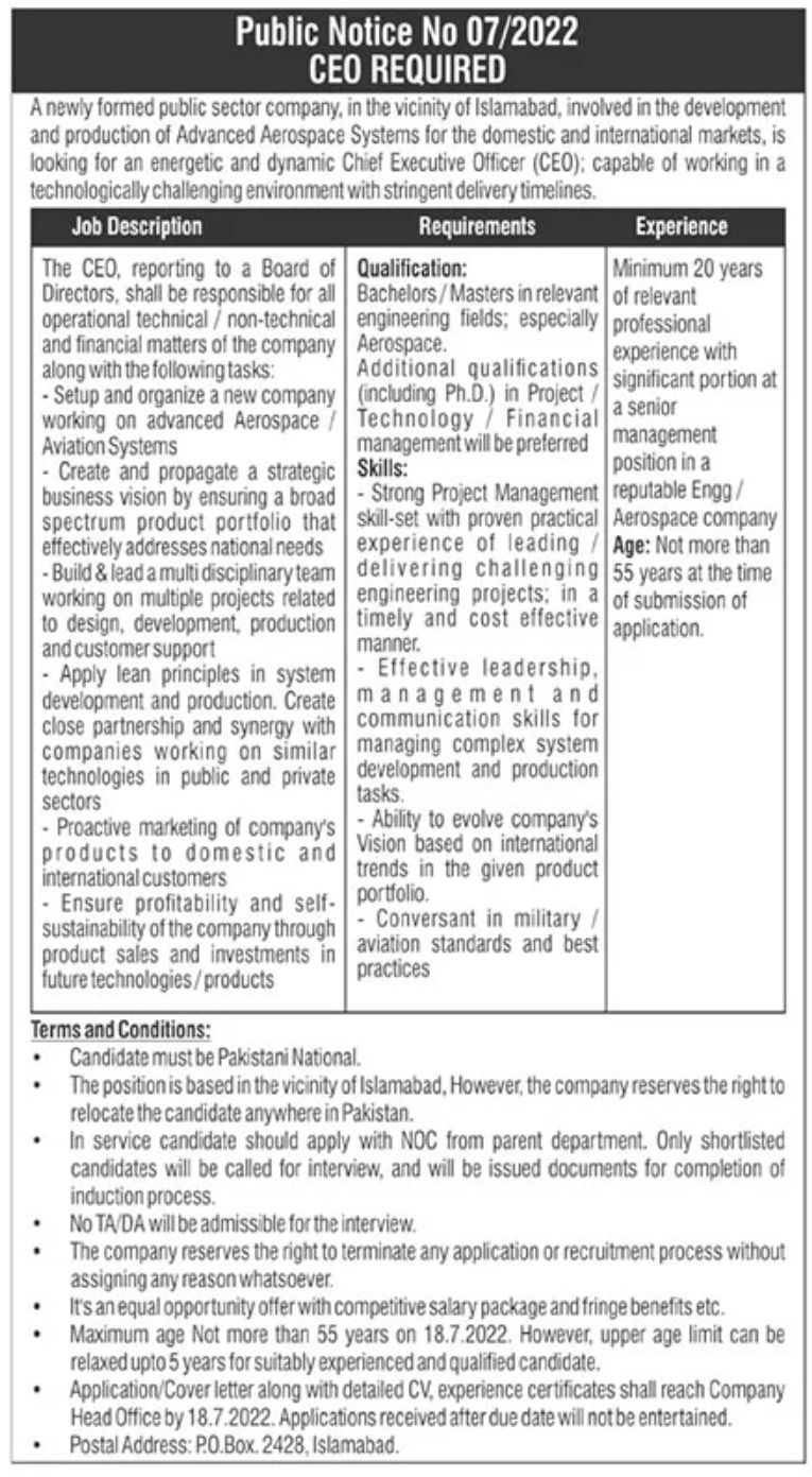 Public Sector Company Islamabad Jobs July 2022