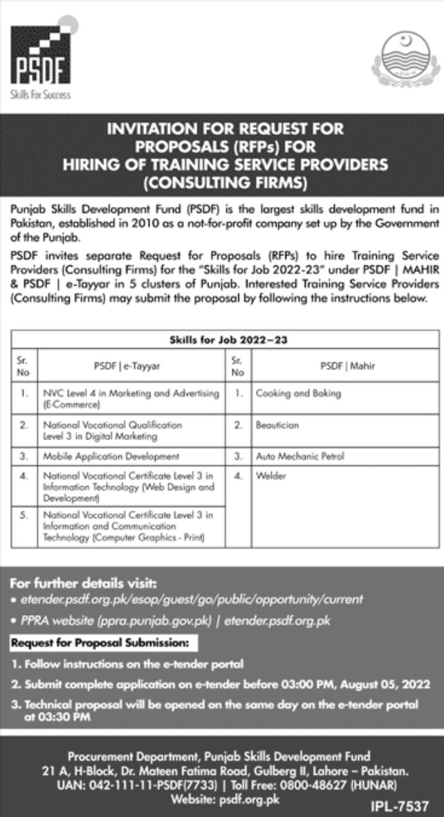 Punjab Skills Development Fund PSDF Jobs July 2022