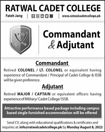 Ratwal Cadet College Jobs July 2022