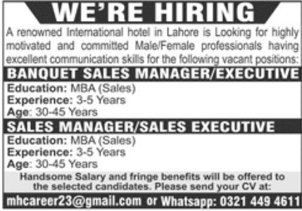 Renowned International Hotel Lahore Jobs July 2022