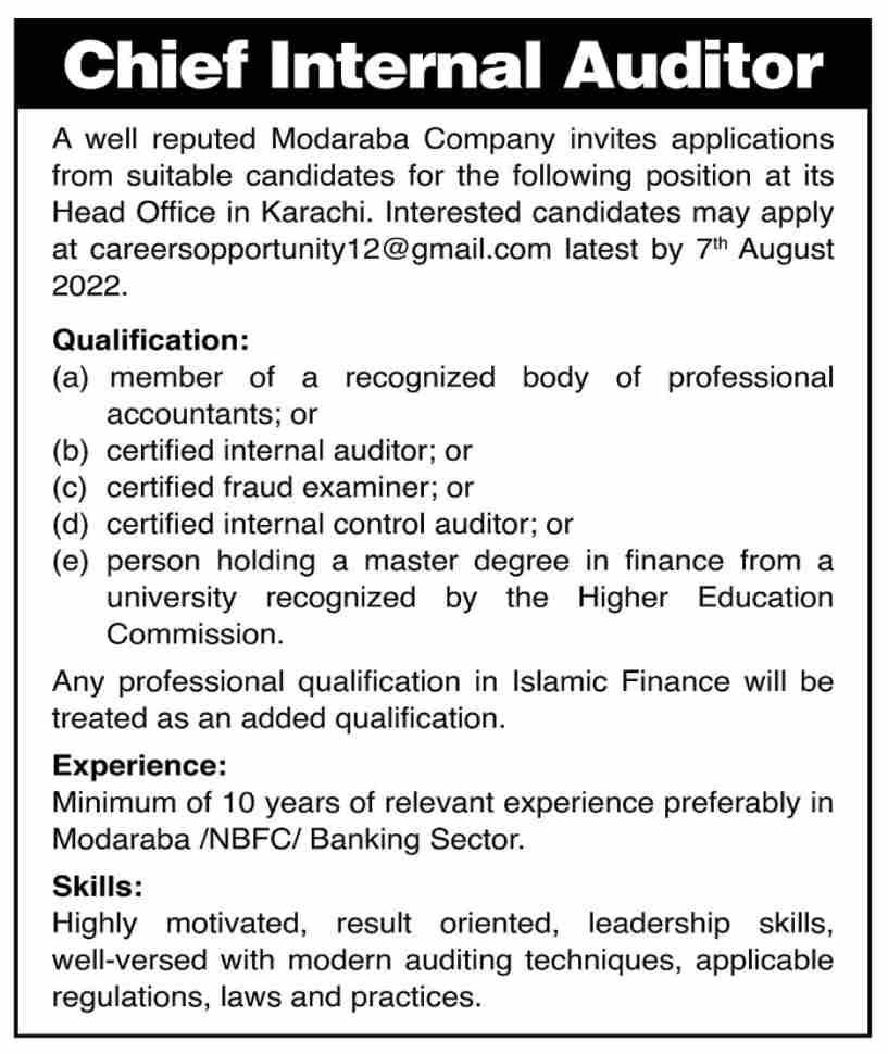 Reputed Modaraba Company Jobs July 2022