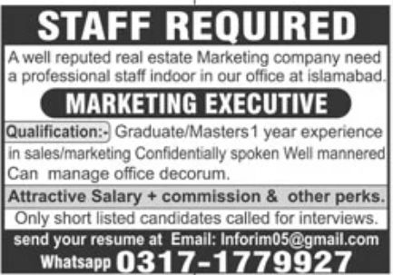 Reputed Real Estate Marketing Company Jobs July 2022