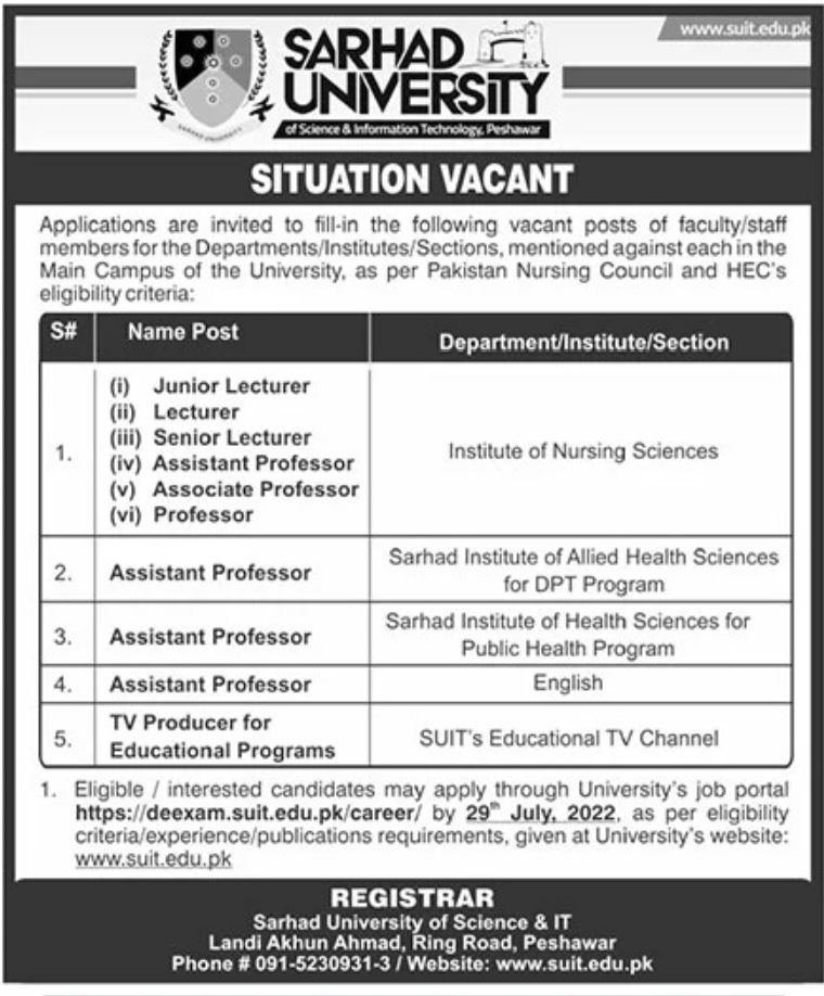 Sarhad University Jobs July 2022