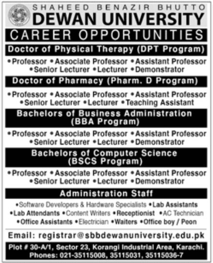 Shaheed Benazir Bhutto DEWAN University Jobs July 2022