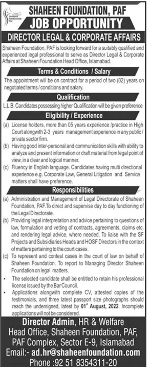 Shaheen Foundation PAF Jobs July 2022