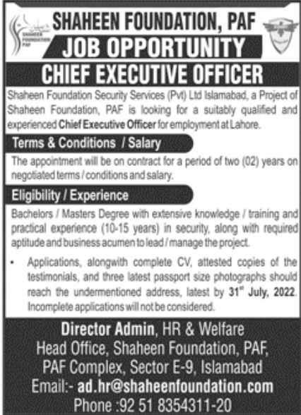 Shaheen Foundation Security Service Pvt Ltd Jobs July 2022