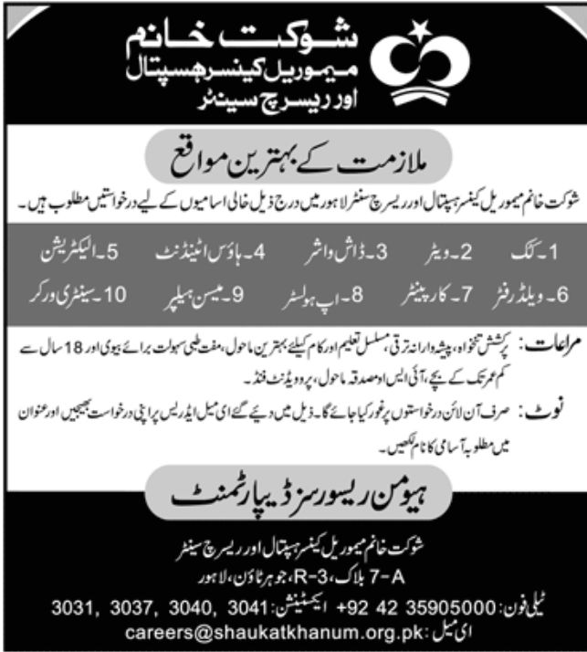 Shaukat Khanum Hospital Jobs July 2022