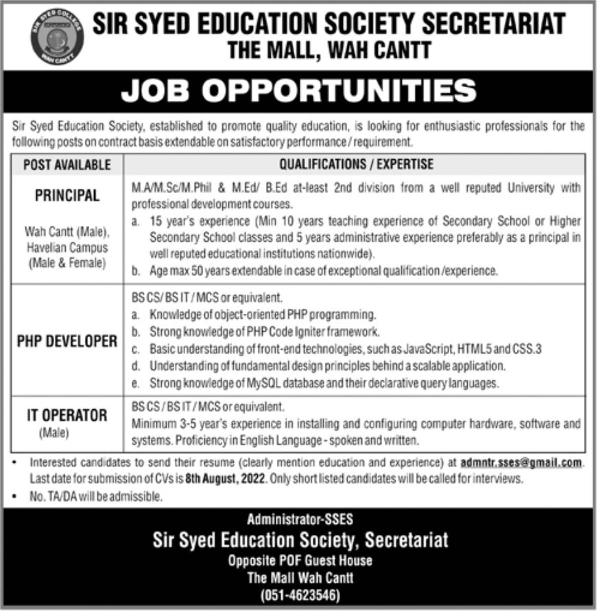 Sir Syed Education Society Secretariat Jobs July 2022
