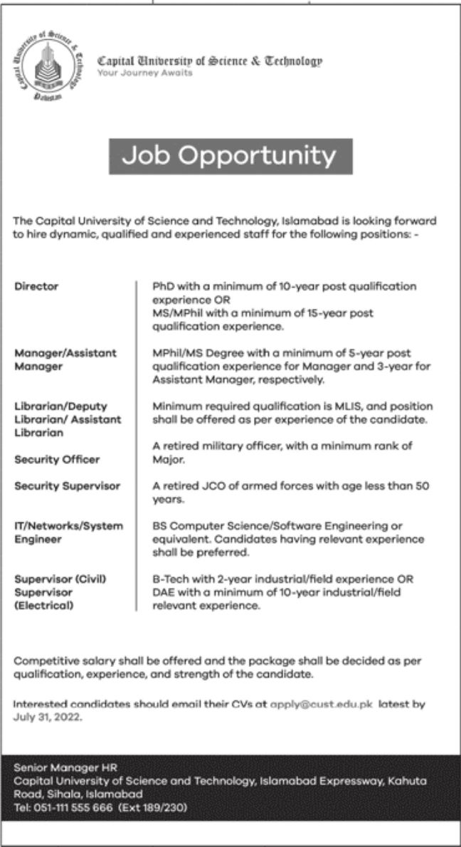 The Capital University of Science and Technology Islamabad Jobs July 2022