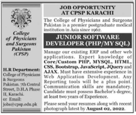 The College of Physicians and Surgeons Pakistan Jobs July 2022