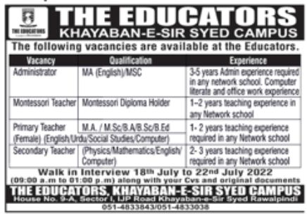 The Educators Lahore Jobs July 2022