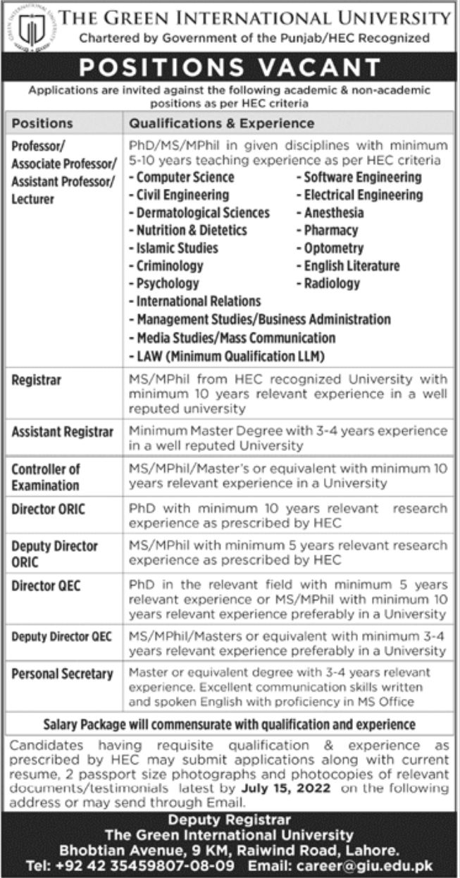 The Green International University Jobs July 2022