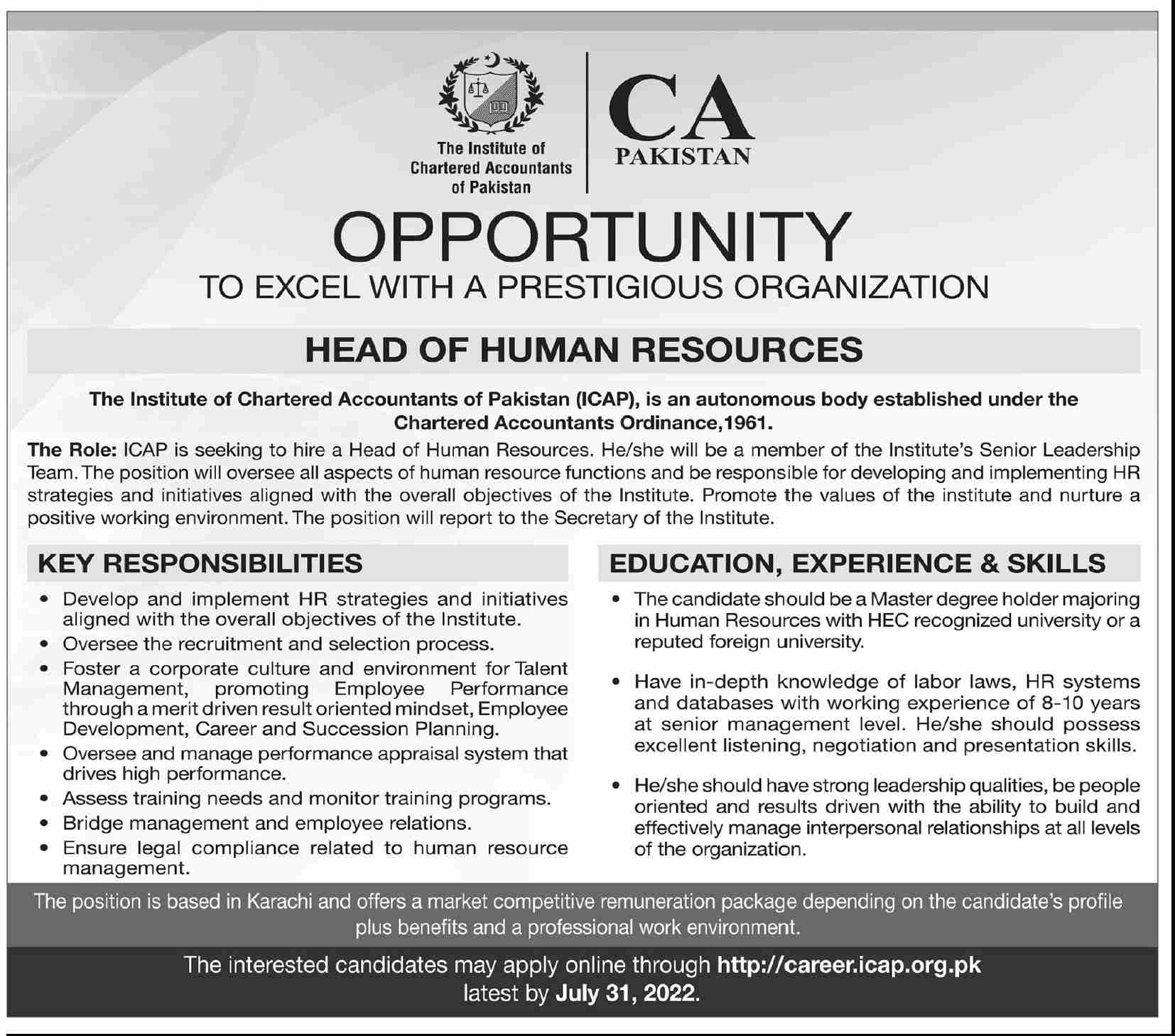 The Institute of Chartered Accountants of Pakistan ICAP Jobs July 2022