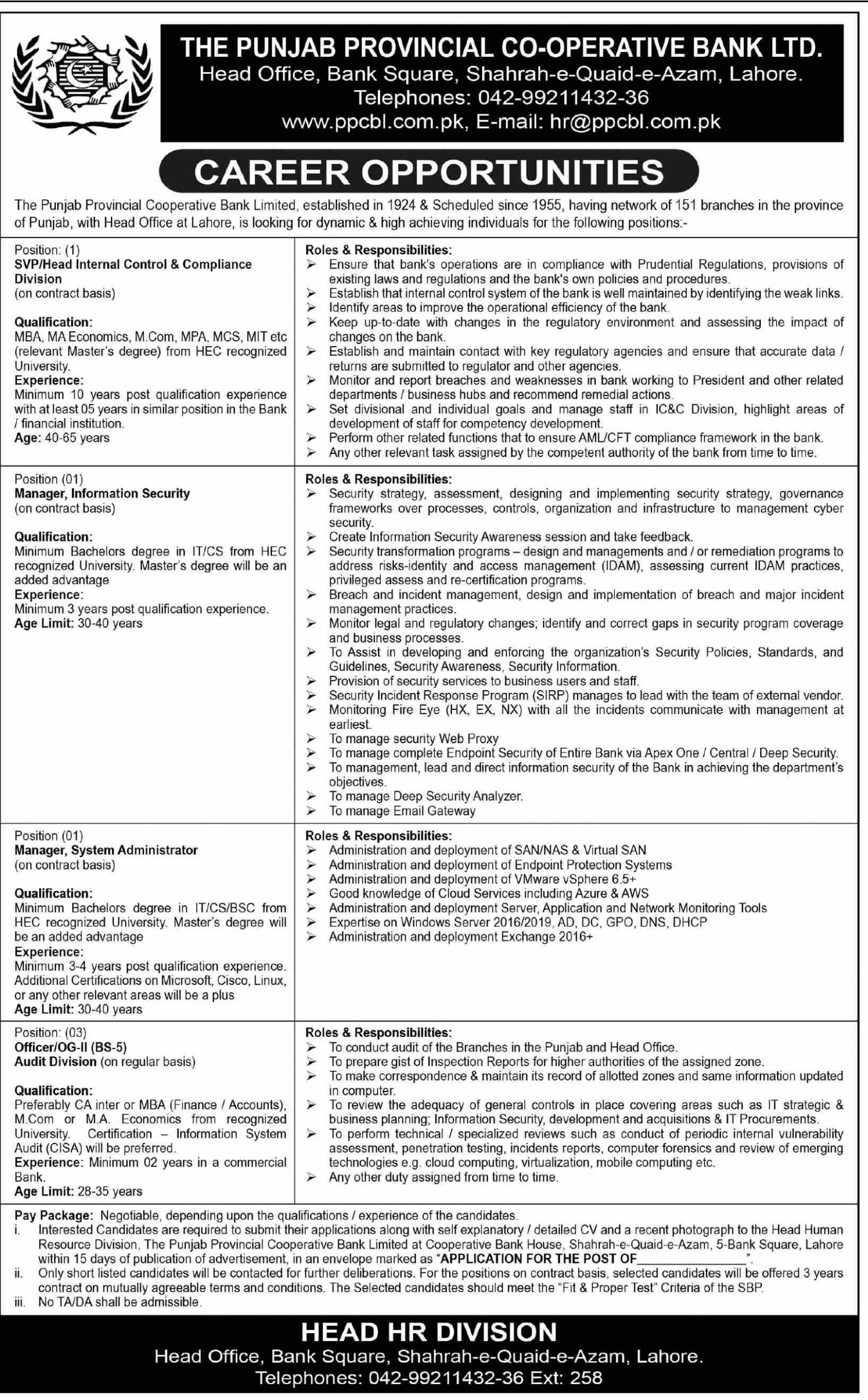 The Punjab Provincial Co-Operative Bank Ltd Jobs July 2022