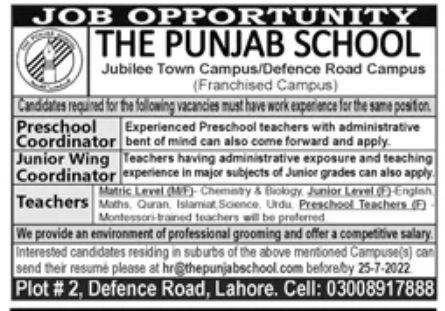 The Punjab School Jobs July 2022