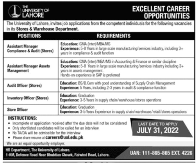 The University of Lahore Jobs July 2022