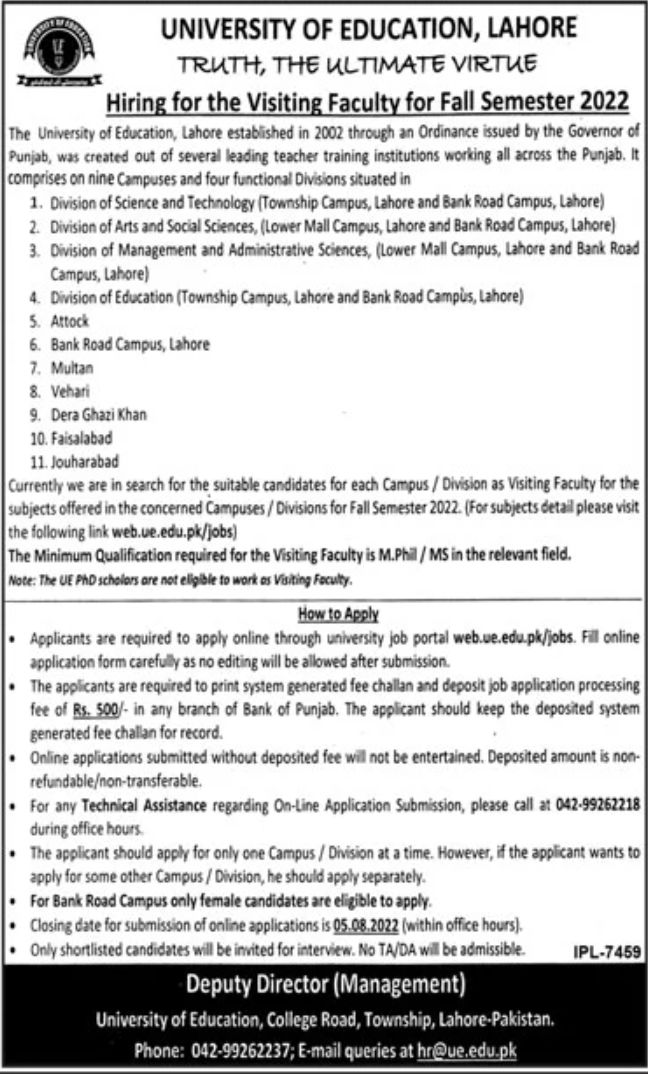 University of Education Lahore Jobs July 2022