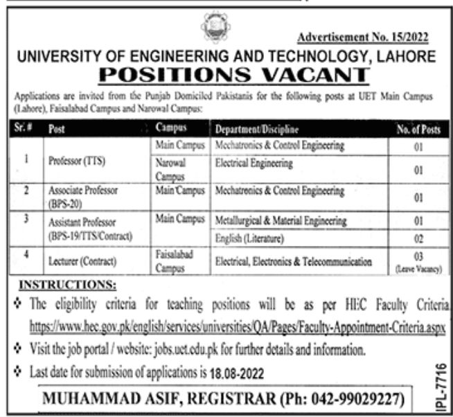 University of Engineering and Technology Lahore Jobs July 2022