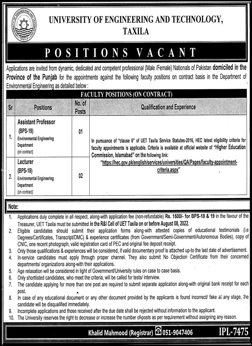 University of Engineering and Technology Taxila Jobs July 2022