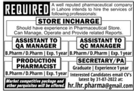 Well Reputed Pharmaceutical Company Jobs July 2022