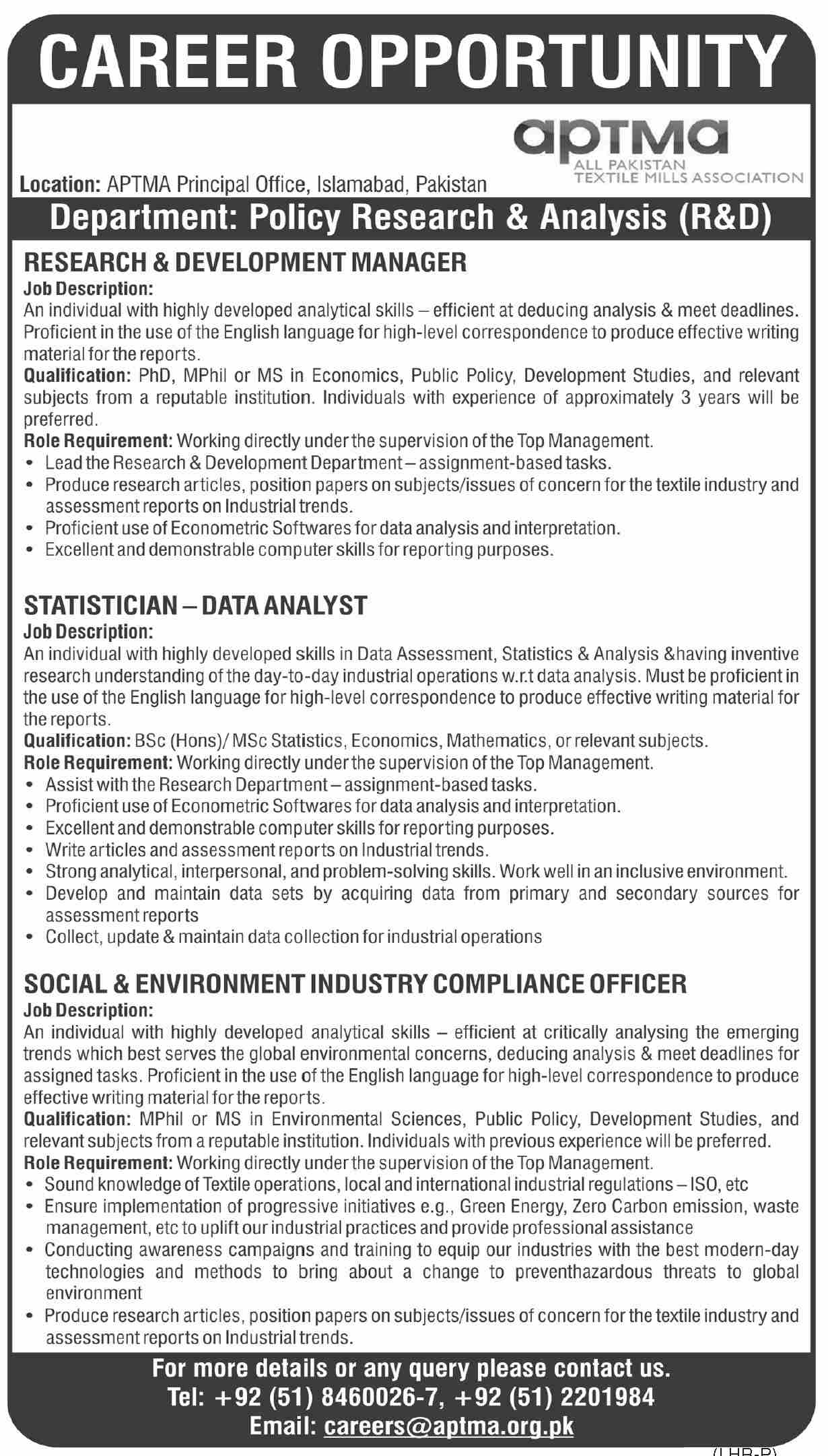 APTMA All Pakistan Textile Mills Association Jobs August 2022