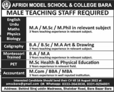 Afridi Model School & College Jobs August 2022