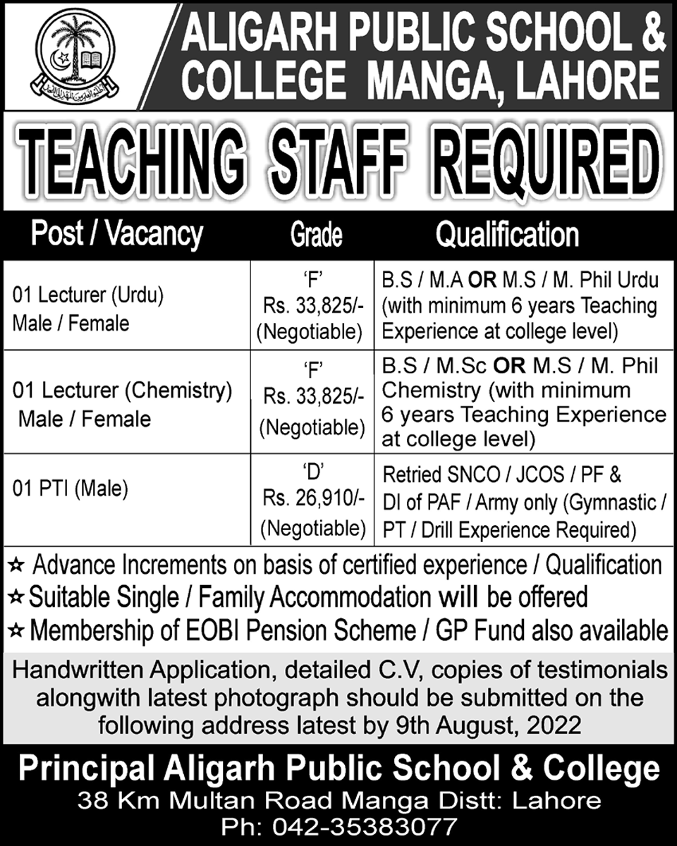 Aligarh Public School & College Jobs July 2022