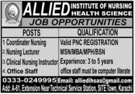 Allied Institute of Nursing Health Science Jobs August 2022