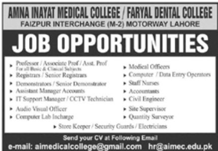 Amna Inayat Medical College Jobs August 2022
