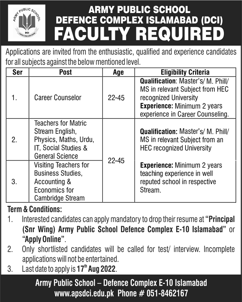 Army Public School Islamabad Jobs August 2022