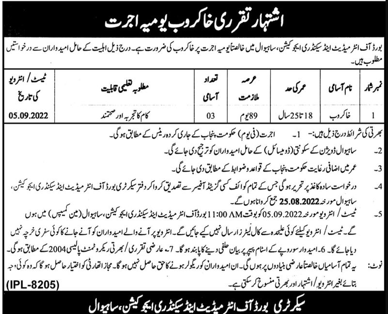 BISE Sahiwal Jobs August 2022