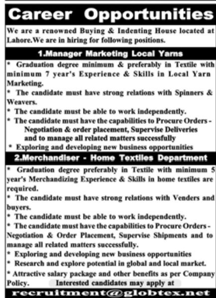 Buying & Indenting House Lahore Jobs August 2022