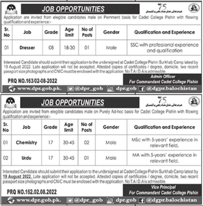 Cadet College Pishin Jobs August 2022