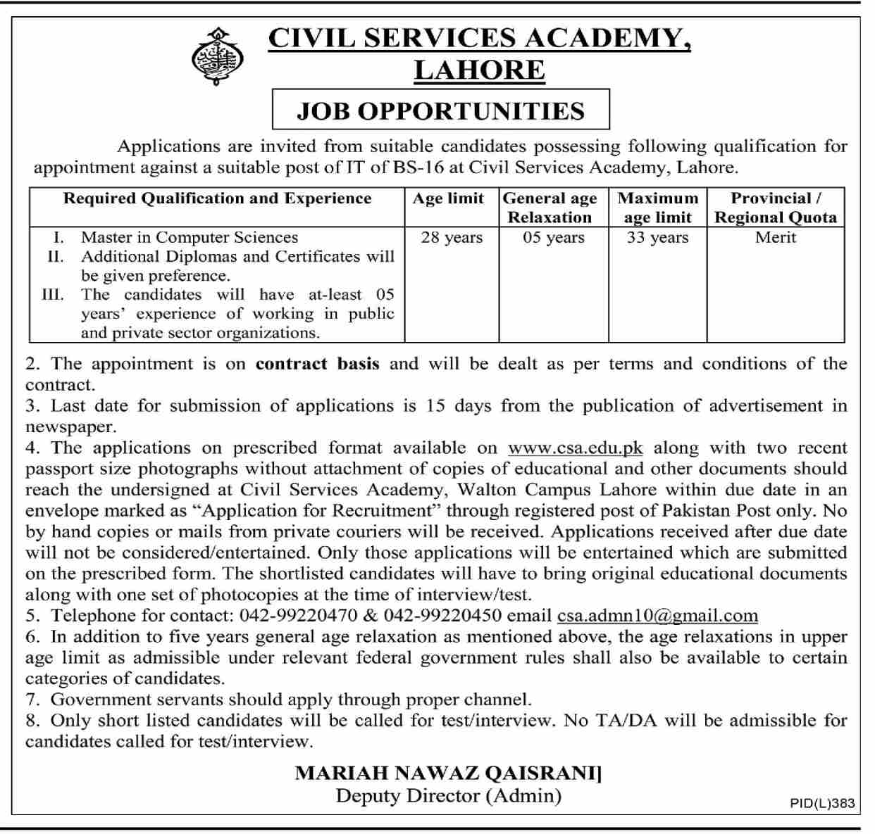 Civil Services Academy Jobs August 2022