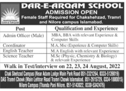 Dar-e-Arqam School Jobs August 2022