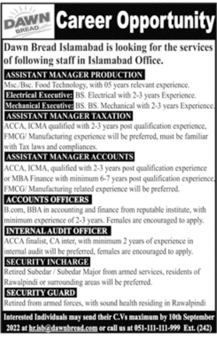 Dawn Bread Islamabad Jobs August 2022