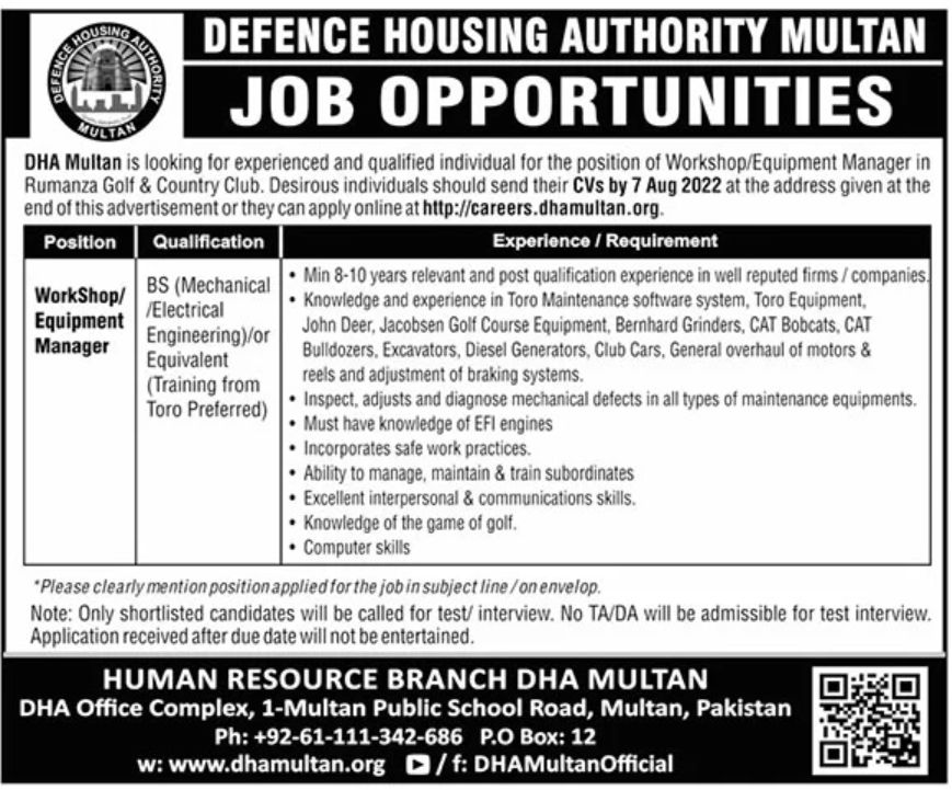 Defence Housing Authority DHA Multan Jobs July 2022